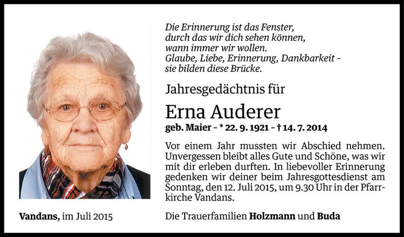  Todesanzeige für Erna Auderer vom 10.07.2015 aus Vorarlberger Nachrichten