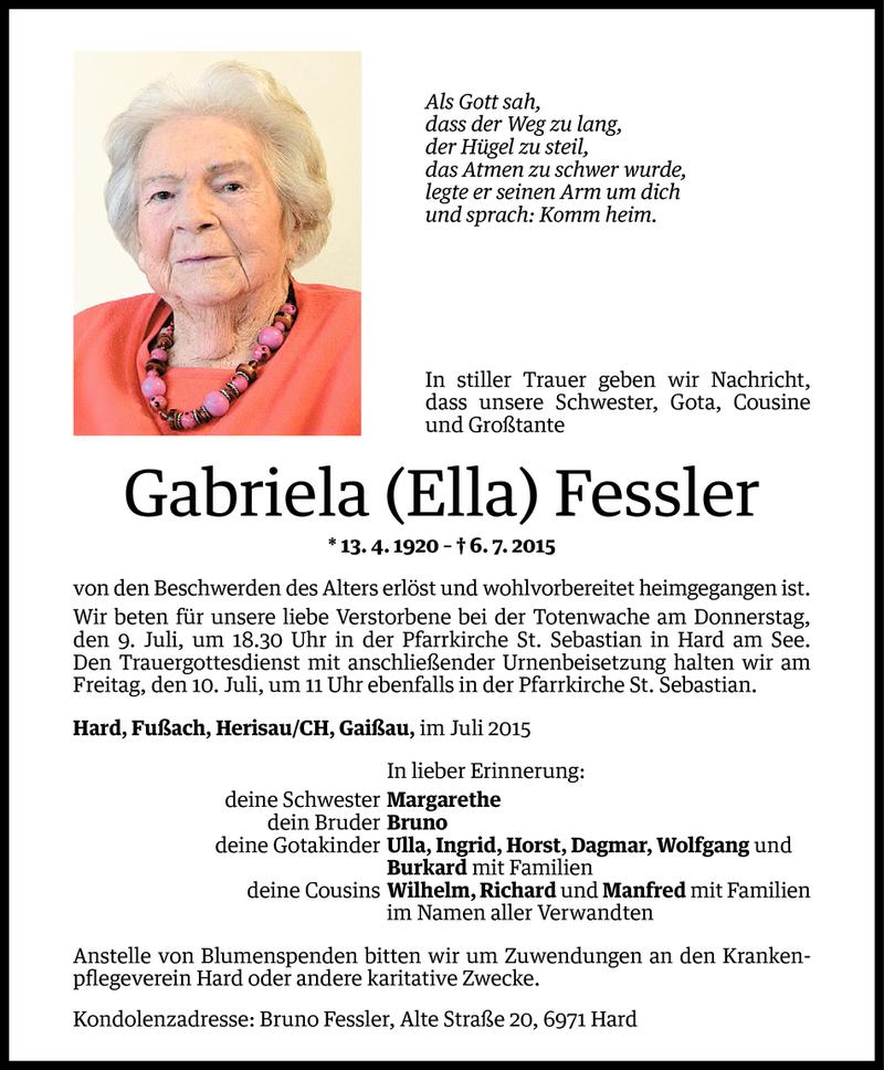  Todesanzeige für Gabriela (Ella) Fessler vom 08.07.2015 aus Vorarlberger Nachrichten