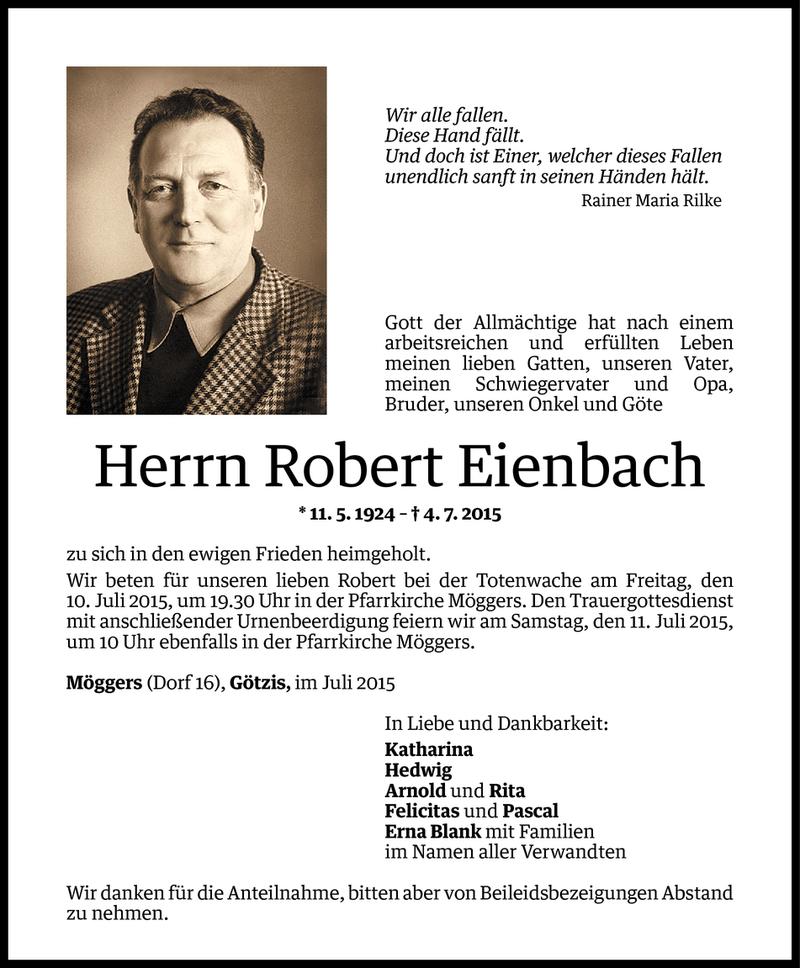  Todesanzeige für Robert Eienbach vom 07.07.2015 aus Vorarlberger Nachrichten