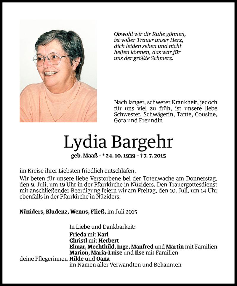  Todesanzeige für Lydia Bargehr vom 07.07.2015 aus Vorarlberger Nachrichten