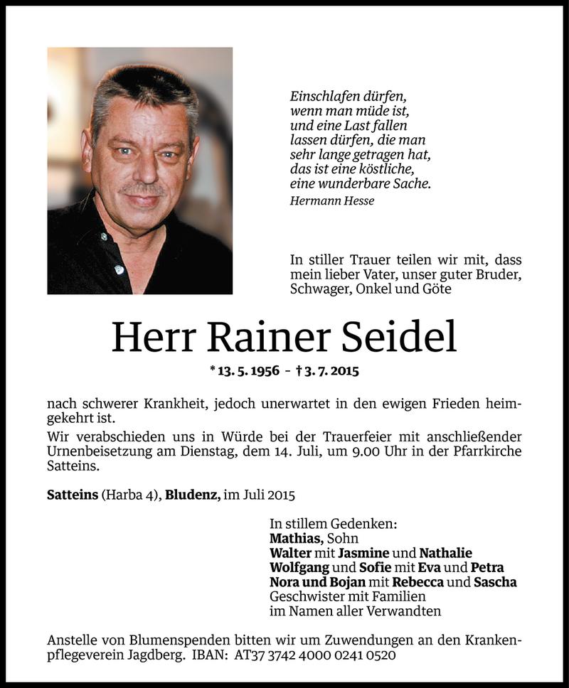  Todesanzeige für Rainer Seidel vom 08.07.2015 aus Vorarlberger Nachrichten