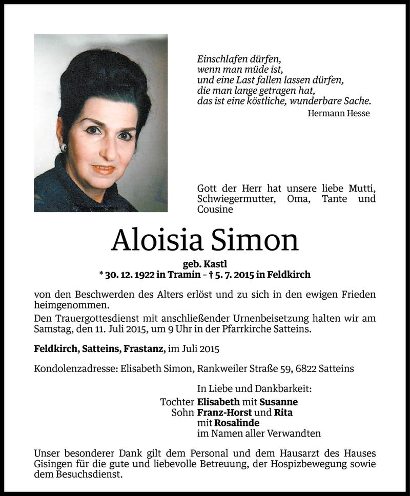  Todesanzeige für Aloisia Simon vom 08.07.2015 aus Vorarlberger Nachrichten