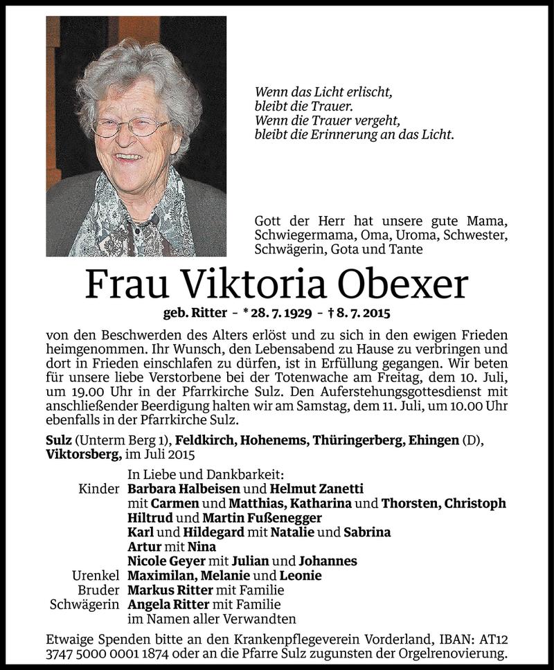  Todesanzeige für Viktoria Obexer vom 09.07.2015 aus Vorarlberger Nachrichten