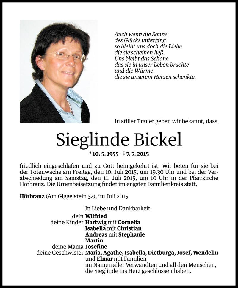  Todesanzeige für Sieglinde Bickel vom 08.07.2015 aus Vorarlberger Nachrichten