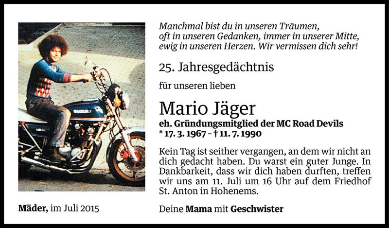 Todesanzeige für Mario Jäger vom 09.07.2015 aus Vorarlberger Nachrichten