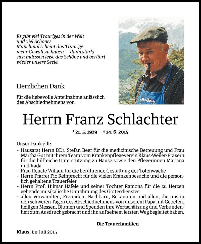  Todesanzeige für Franz Schlachter vom 10.07.2015 aus Vorarlberger Nachrichten
