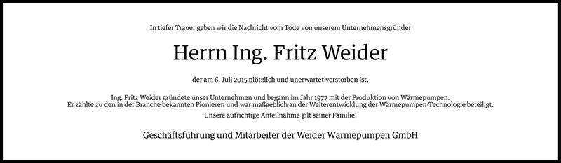  Todesanzeige für Fritz Weider vom 10.07.2015 aus Vorarlberger Nachrichten