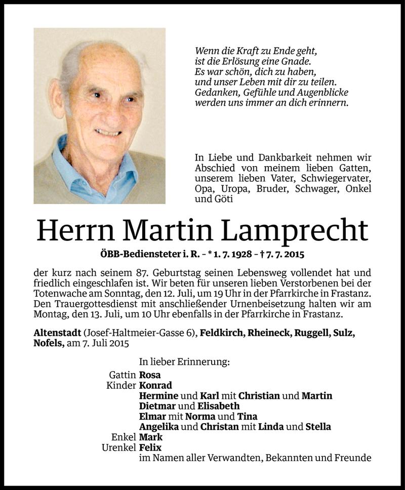  Todesanzeige für Martin Lamprecht vom 09.07.2015 aus Vorarlberger Nachrichten