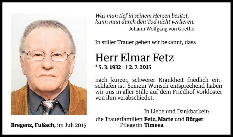  Todesanzeige für Elmar Fetz vom 11.07.2015 aus Vorarlberger Nachrichten