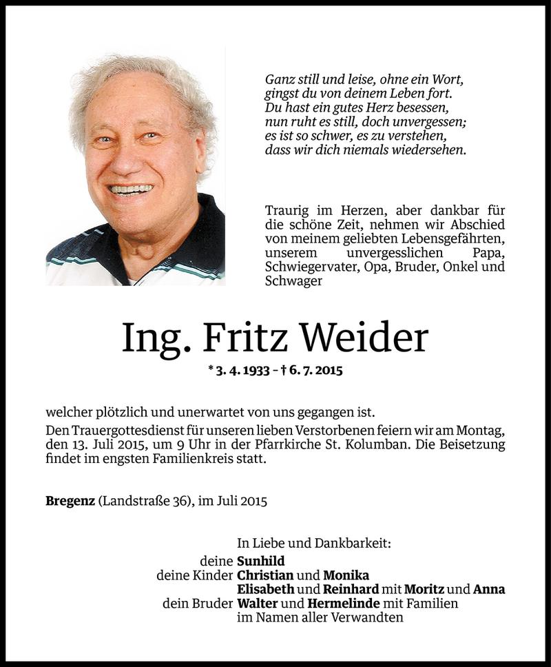  Todesanzeige für Fritz Weider vom 09.07.2015 aus Vorarlberger Nachrichten