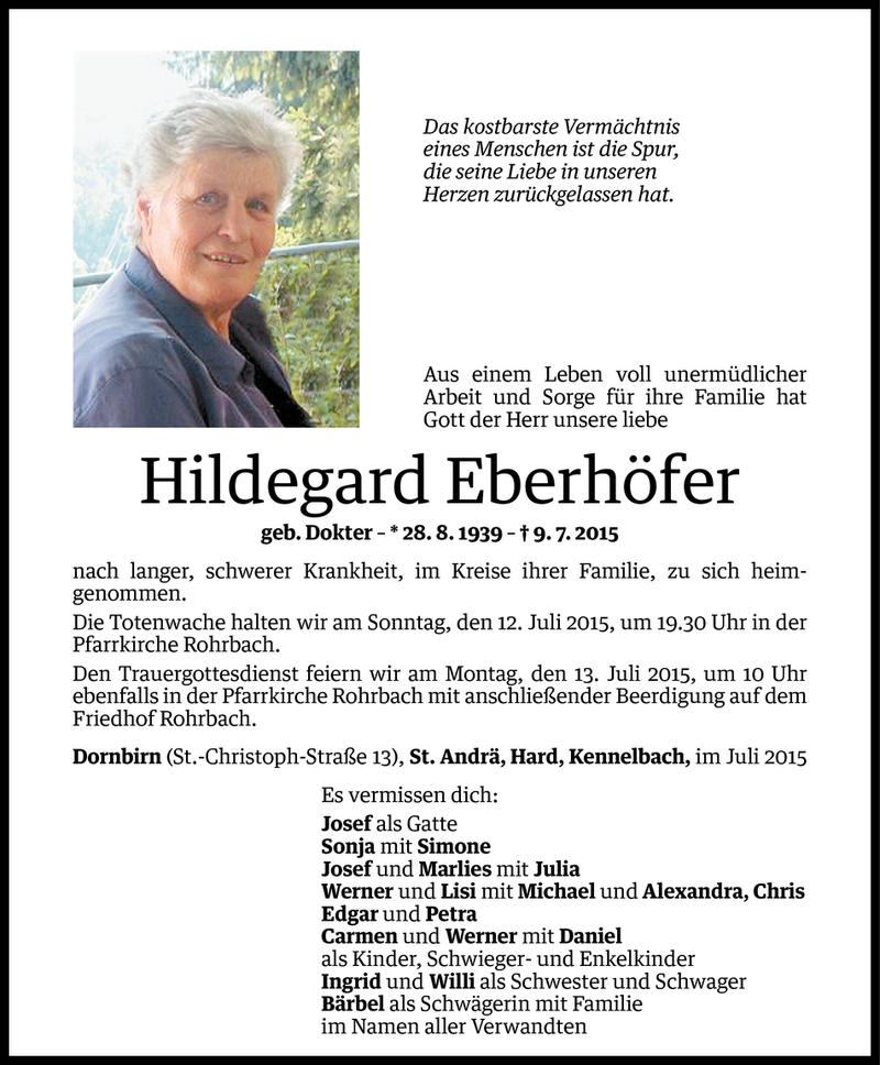  Todesanzeige für Hildegard Eberhöfer vom 10.07.2015 aus Vorarlberger Nachrichten