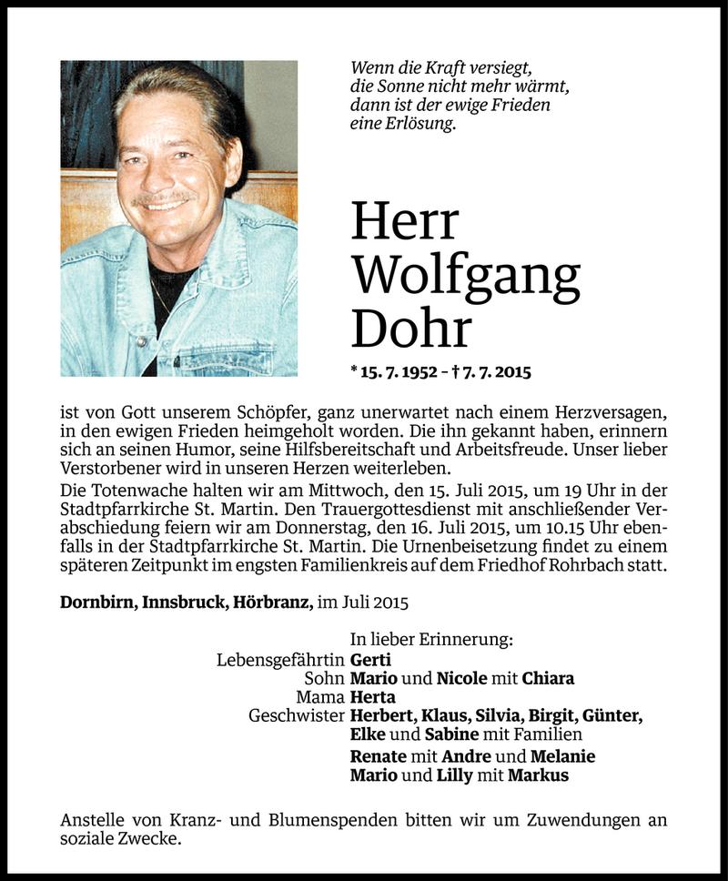  Todesanzeige für Wolfgang Dohr vom 10.07.2015 aus Vorarlberger Nachrichten