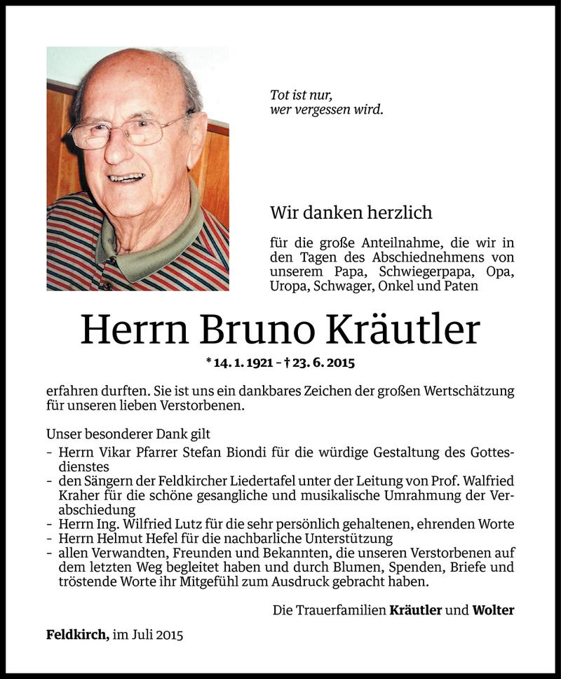  Todesanzeige für Bruno Kräutler vom 10.07.2015 aus Vorarlberger Nachrichten