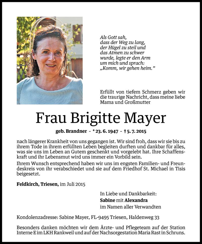  Todesanzeige für Brigitte Mayer vom 13.07.2015 aus Vorarlberger Nachrichten