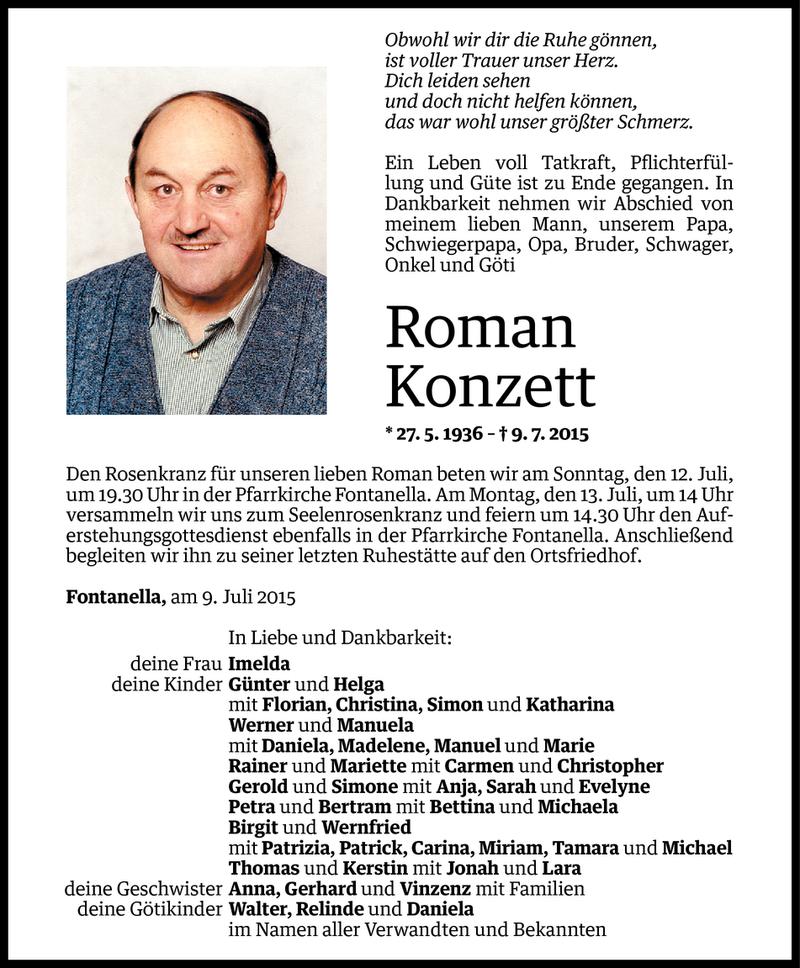  Todesanzeige für Roman Konzett vom 10.07.2015 aus Vorarlberger Nachrichten