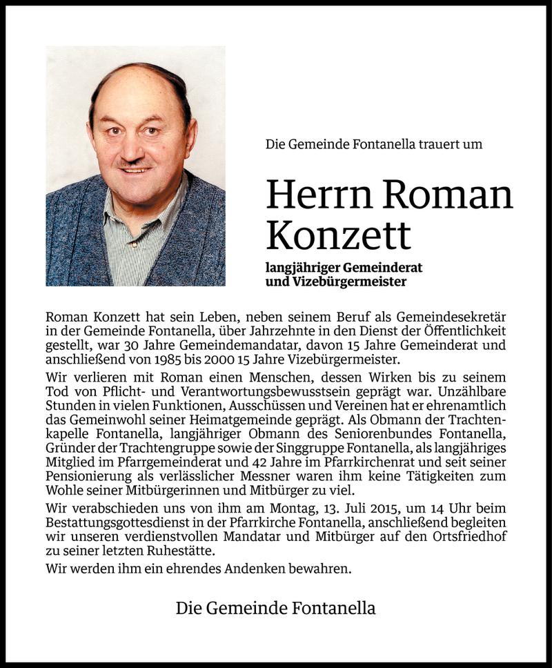  Todesanzeige für Roman Konzett vom 10.07.2015 aus Vorarlberger Nachrichten