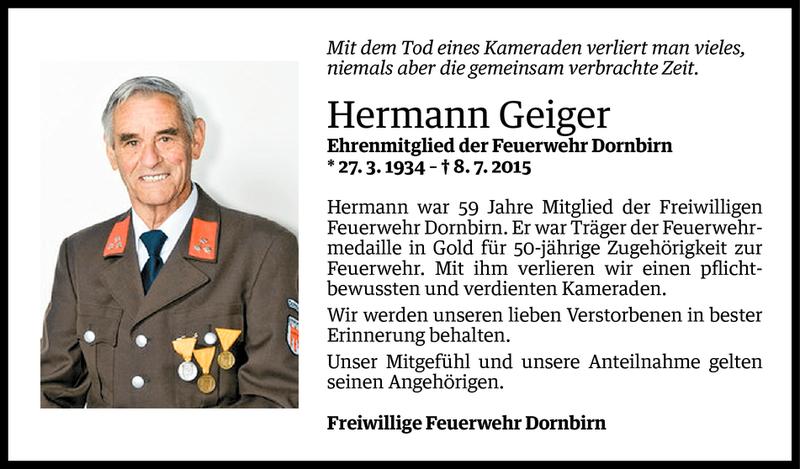  Todesanzeige für Hermann Geiger vom 10.07.2015 aus Vorarlberger Nachrichten