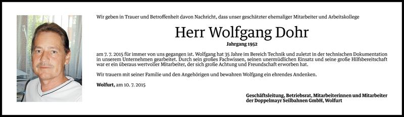  Todesanzeige für Wolfgang Dohr vom 10.07.2015 aus Vorarlberger Nachrichten