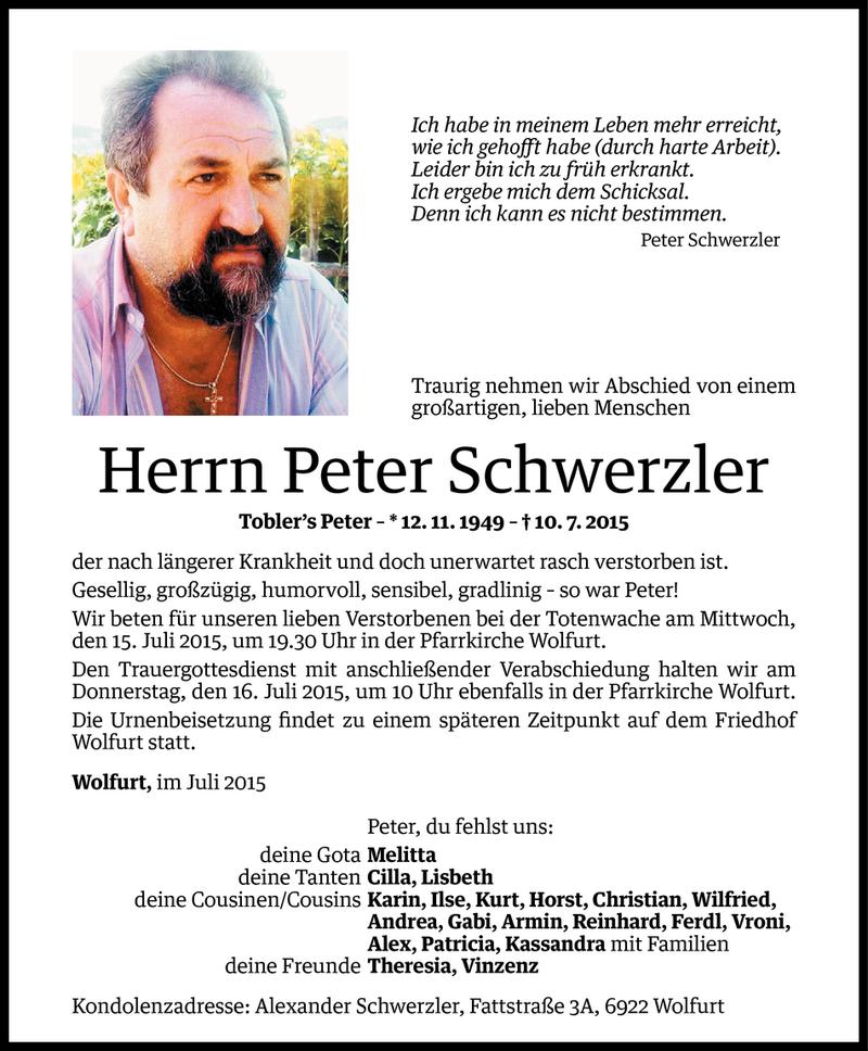  Todesanzeige für Peter Schwerzler vom 12.07.2015 aus Vorarlberger Nachrichten