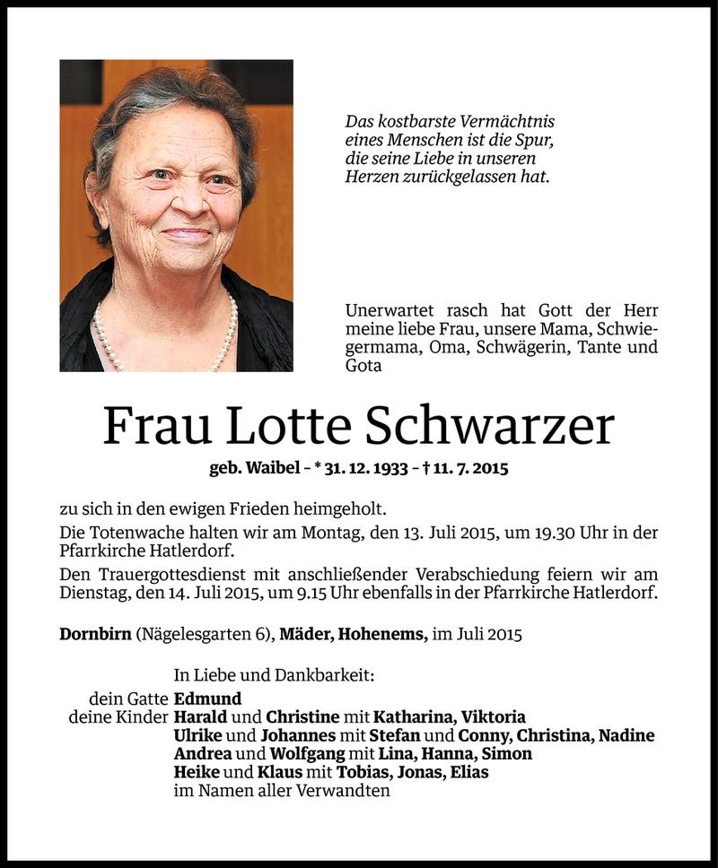  Todesanzeige für Lotte Schwarzer vom 12.07.2015 aus Vorarlberger Nachrichten