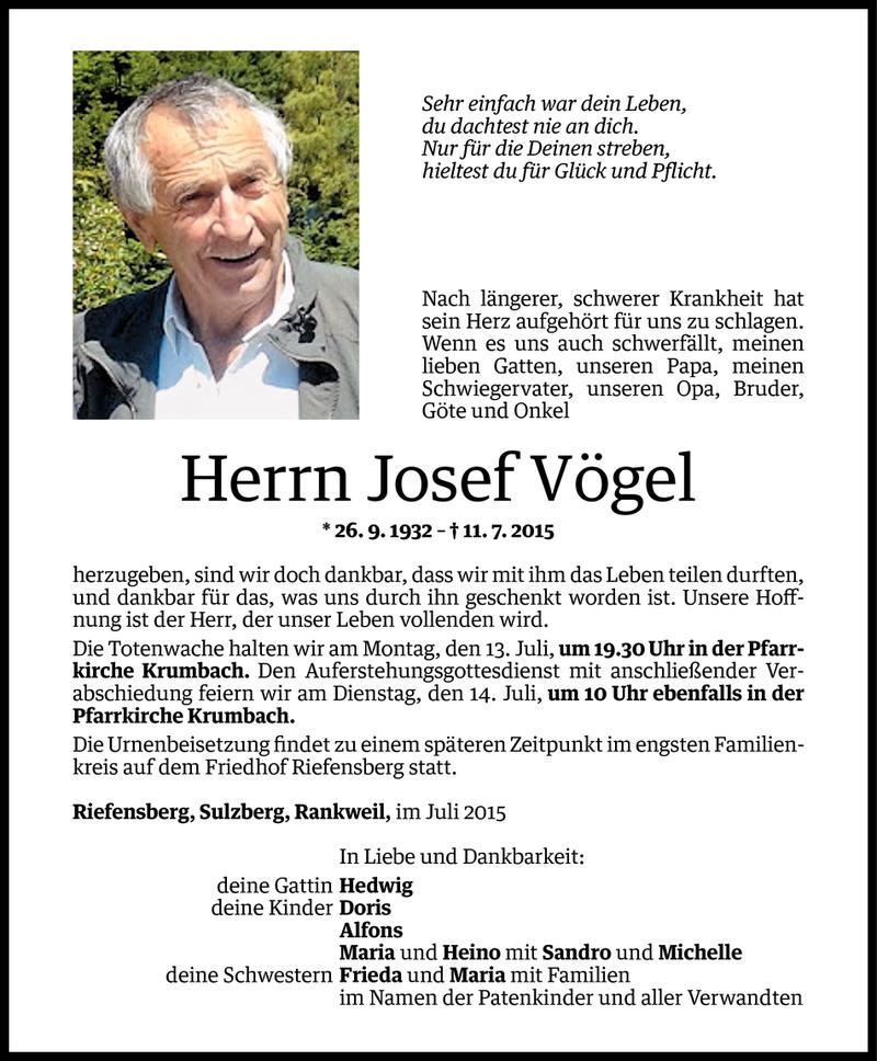  Todesanzeige für Josef Vögel vom 12.07.2015 aus Vorarlberger Nachrichten