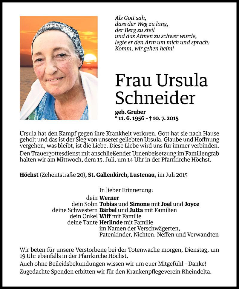  Todesanzeige für Ursula Schneider vom 12.07.2015 aus Vorarlberger Nachrichten