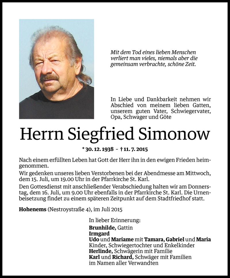  Todesanzeige für Siegfried Simonow vom 14.07.2015 aus Vorarlberger Nachrichten