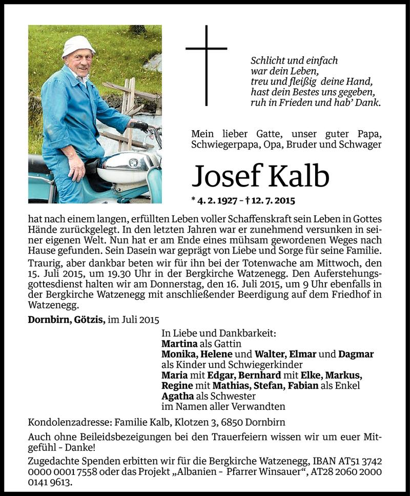 Todesanzeige für Josef Kalb vom 13.07.2015 aus Vorarlberger Nachrichten