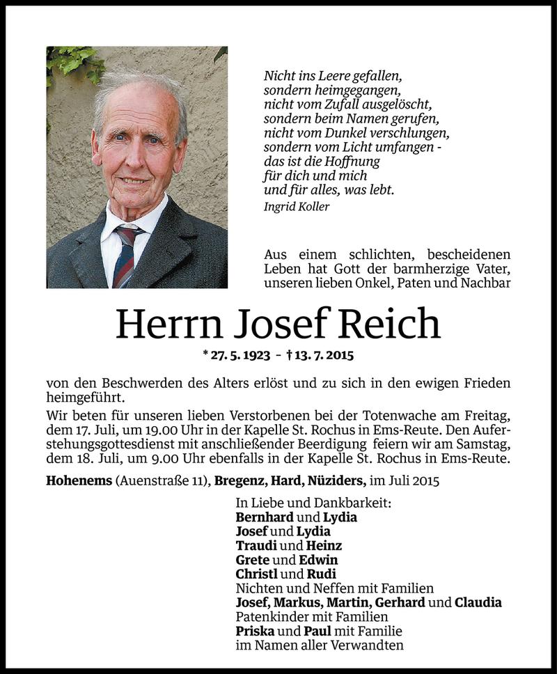  Todesanzeige für Josef Reich vom 15.07.2015 aus Vorarlberger Nachrichten