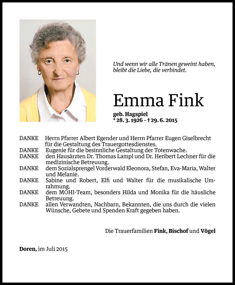  Todesanzeige für Emma Fink vom 14.07.2015 aus Vorarlberger Nachrichten