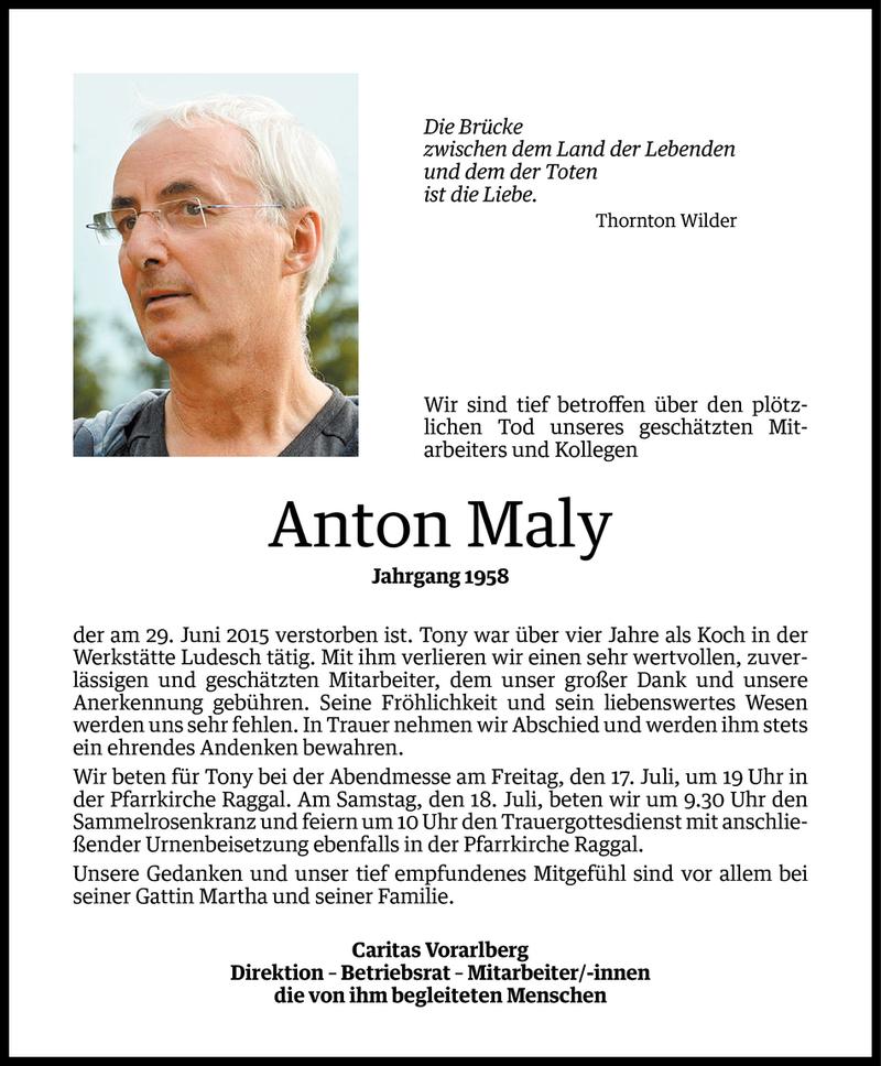  Todesanzeige für Anton Maly vom 14.07.2015 aus Vorarlberger Nachrichten