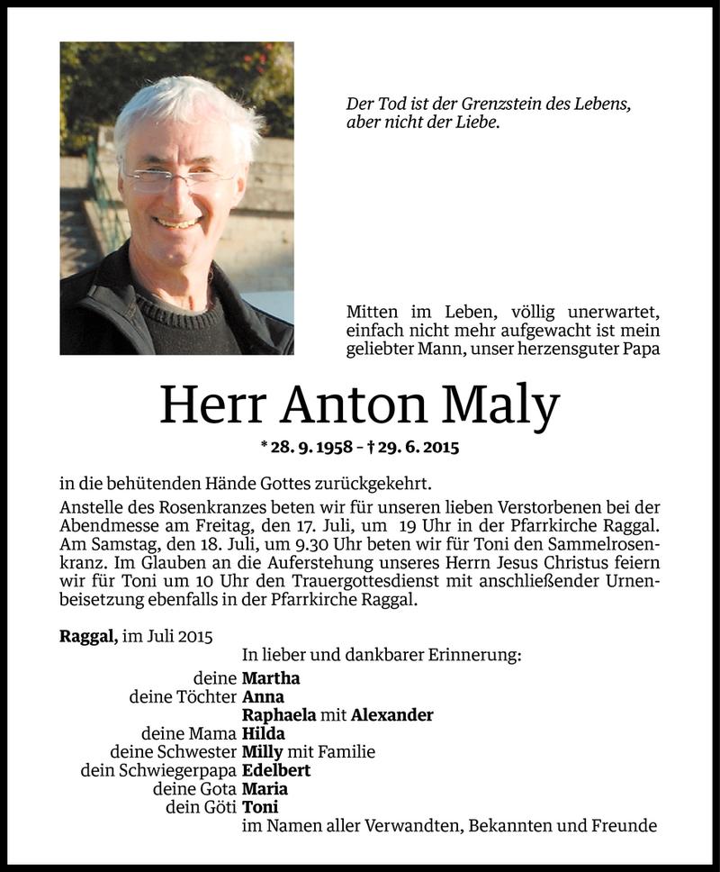  Todesanzeige für Anton Maly vom 14.07.2015 aus Vorarlberger Nachrichten