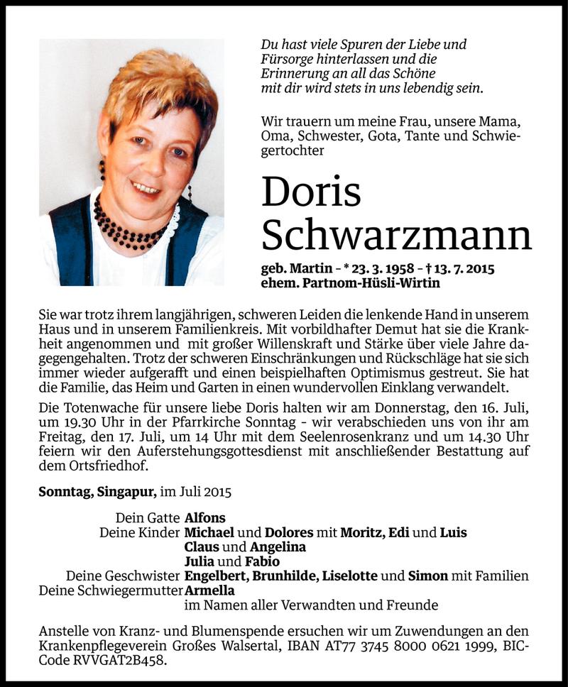  Todesanzeige für Doris Schwarzmann vom 14.07.2015 aus Vorarlberger Nachrichten