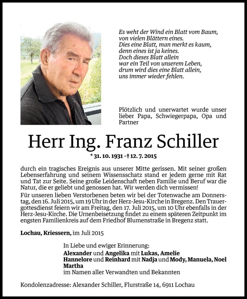  Todesanzeige für Franz Schiller vom 14.07.2015 aus Vorarlberger Nachrichten