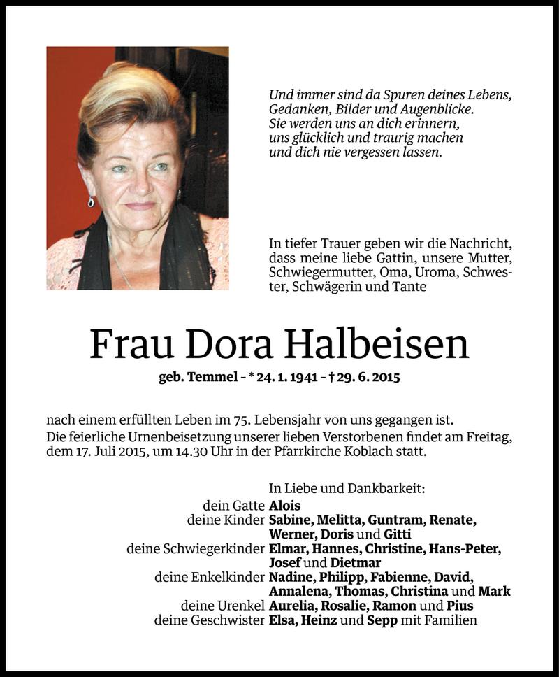  Todesanzeige für Dora Halbeisen vom 14.07.2015 aus Vorarlberger Nachrichten