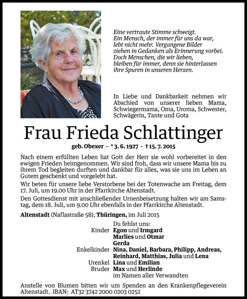  Todesanzeige für Frieda Schlattinger vom 16.07.2015 aus Vorarlberger Nachrichten