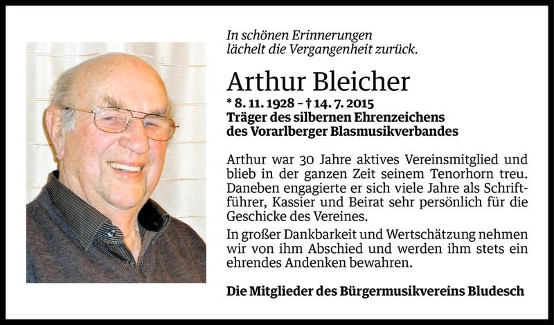  Todesanzeige für Arthur Bleicher vom 16.07.2015 aus Vorarlberger Nachrichten