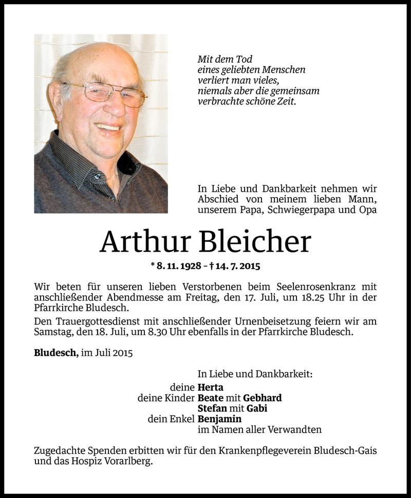  Todesanzeige für Arthur Bleicher vom 16.07.2015 aus Vorarlberger Nachrichten