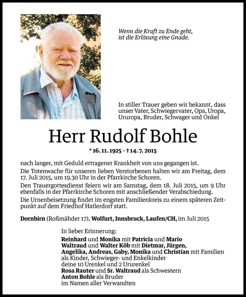  Todesanzeige für Rudolf Bohle vom 15.07.2015 aus Vorarlberger Nachrichten