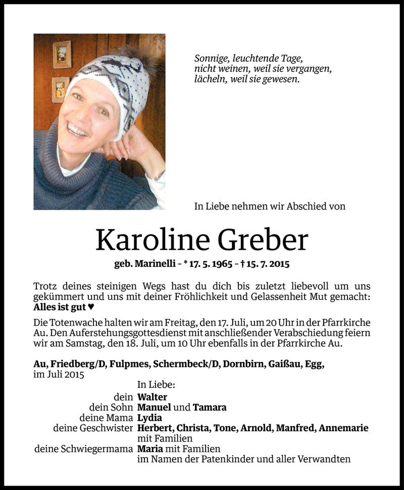  Todesanzeige für Karoline Greber vom 15.07.2015 aus Vorarlberger Nachrichten