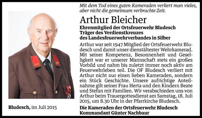  Todesanzeige für Arthur Bleicher vom 16.07.2015 aus Vorarlberger Nachrichten