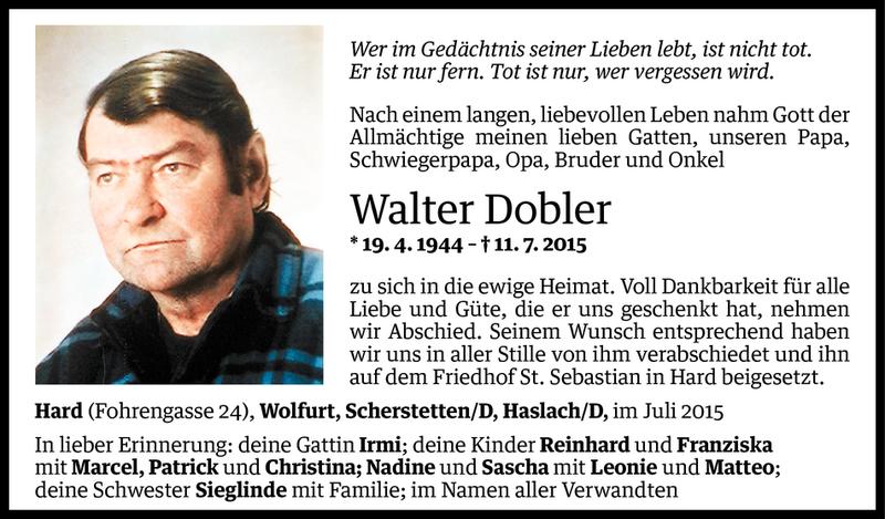  Todesanzeige für Walter Dobler vom 16.07.2015 aus Vorarlberger Nachrichten