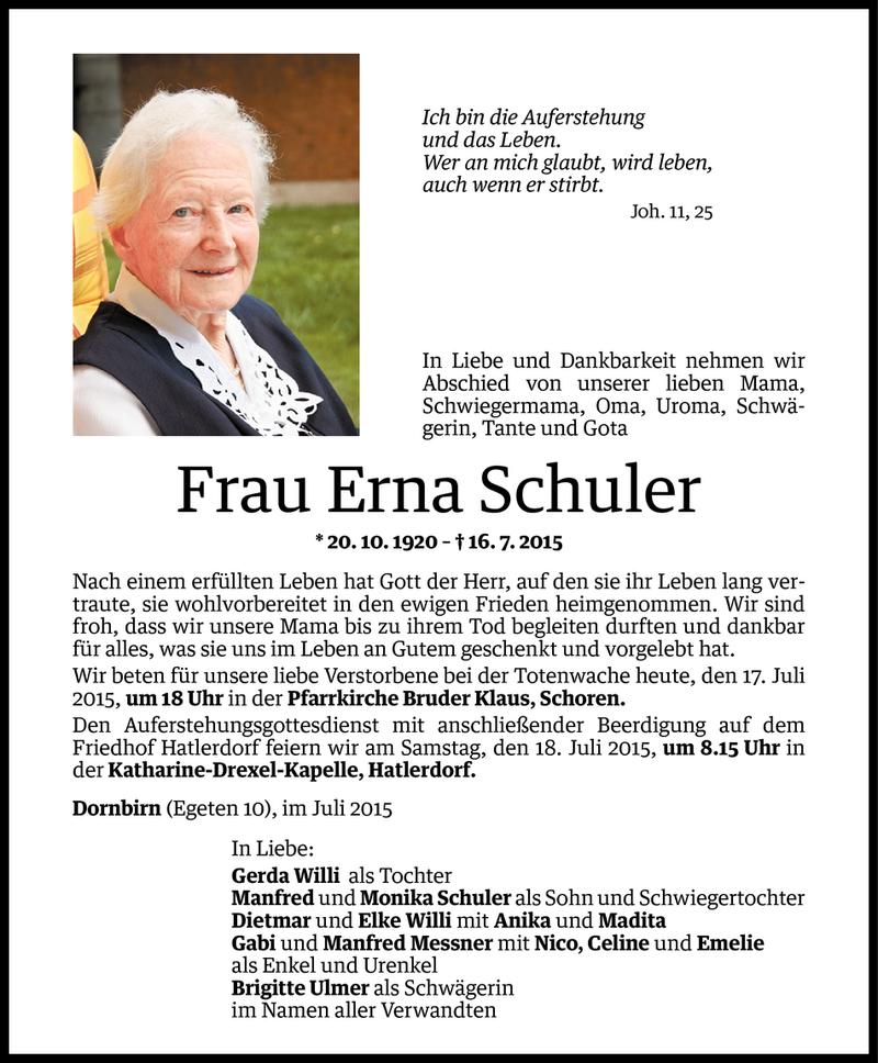  Todesanzeige für Erna Schuler vom 16.07.2015 aus Vorarlberger Nachrichten