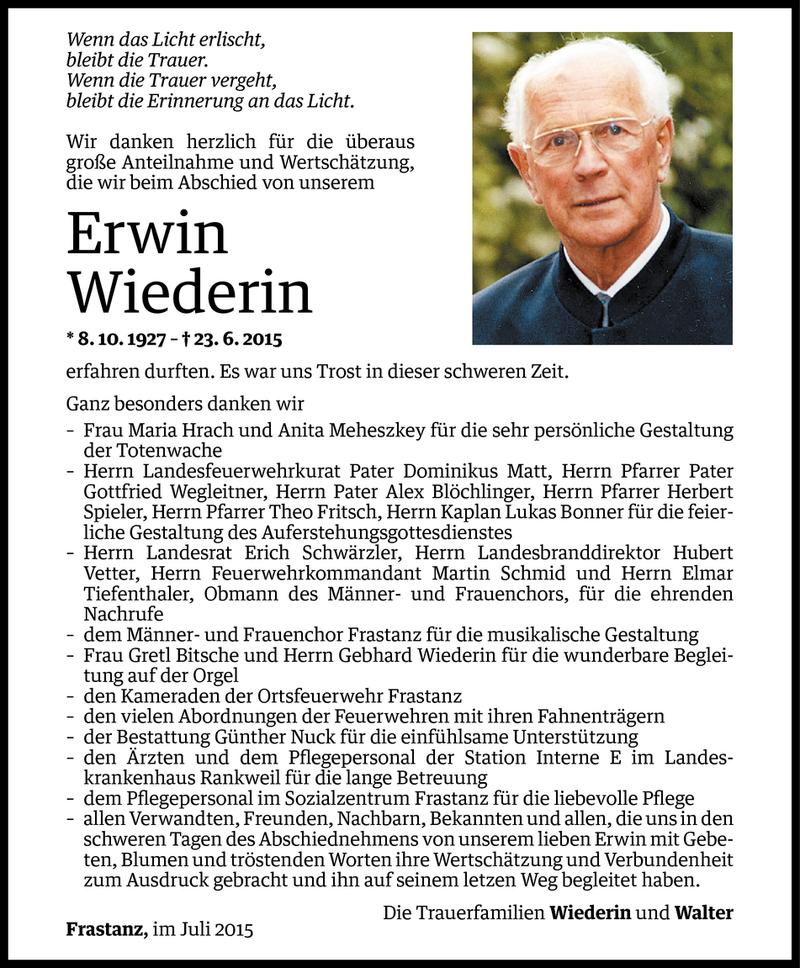  Todesanzeige für Erwin Wiederin vom 17.07.2015 aus Vorarlberger Nachrichten