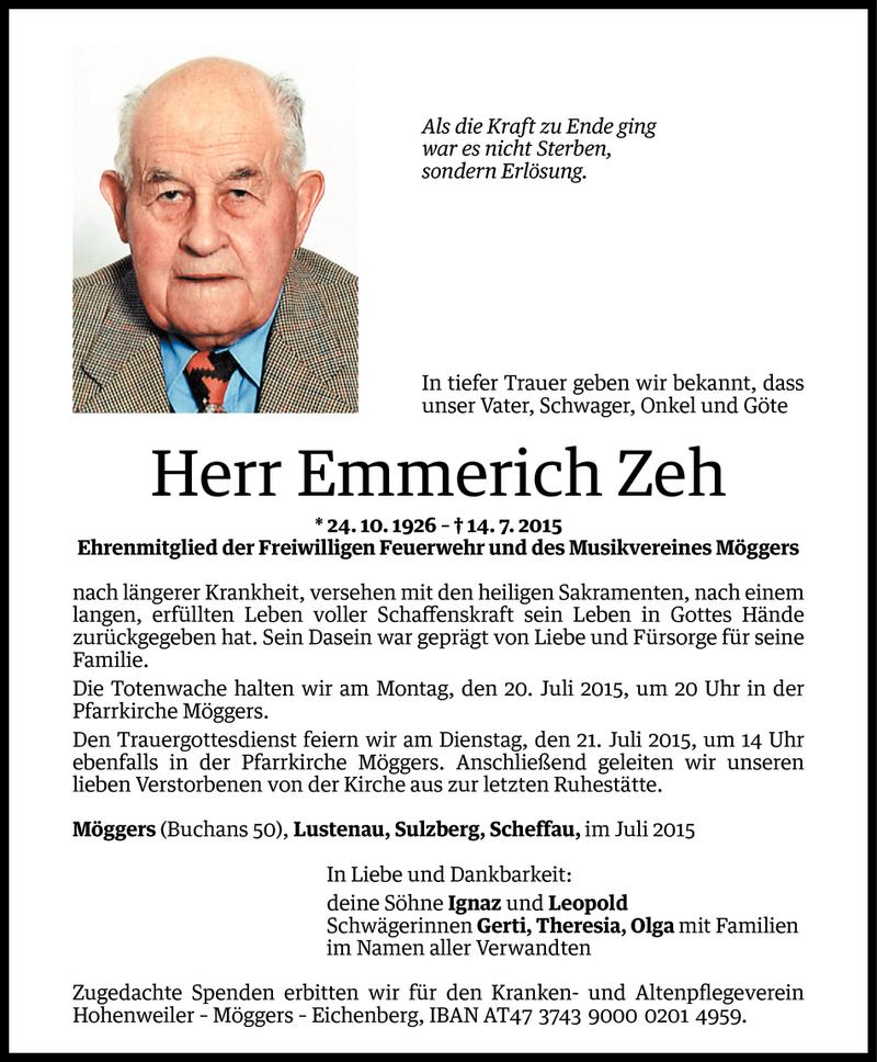  Todesanzeige für Emmerich Zeh vom 17.07.2015 aus Vorarlberger Nachrichten