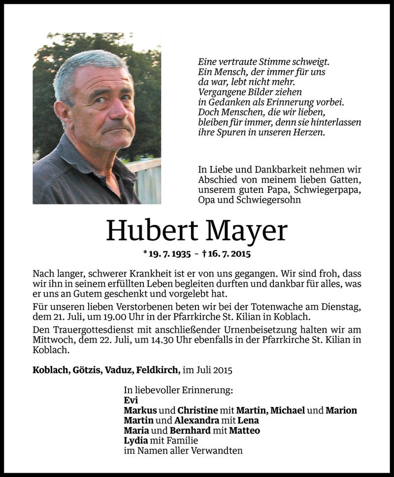  Todesanzeige für Hubert Mayer vom 18.07.2015 aus Vorarlberger Nachrichten