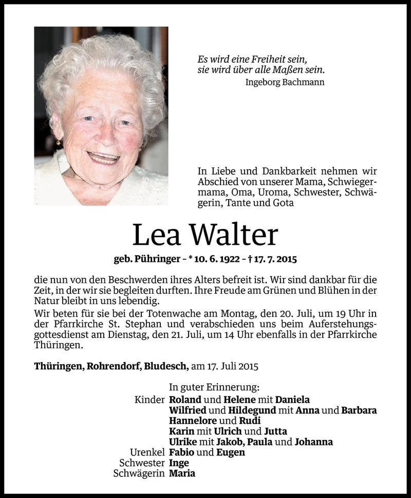  Todesanzeige für Lea Walter vom 19.07.2015 aus Vorarlberger Nachrichten