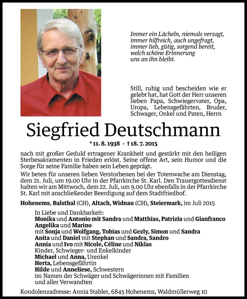  Todesanzeige für Siegfried Deutschmann vom 20.07.2015 aus Vorarlberger Nachrichten