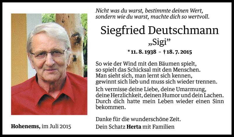  Todesanzeige für Siegfried Deutschmann vom 20.07.2015 aus Vorarlberger Nachrichten