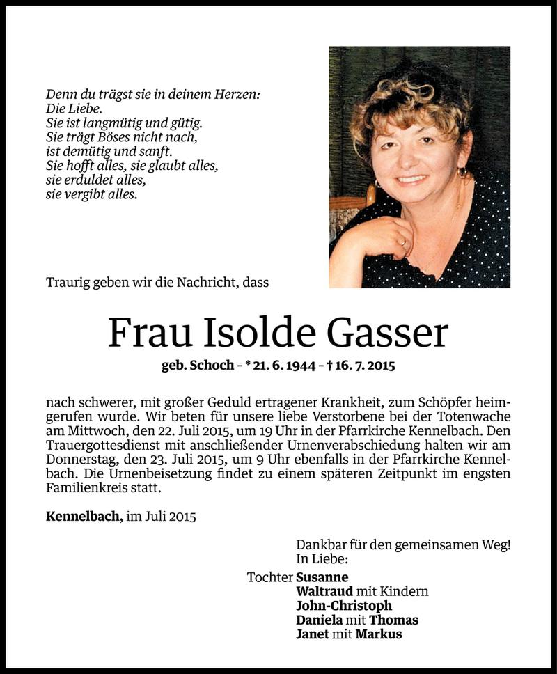  Todesanzeige für Isolde Gasser vom 21.07.2015 aus Vorarlberger Nachrichten